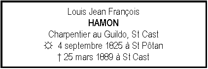 Zone de Texte: Louis Jean FranoisHAMONCharpentier au Guildo, St Cast☼  4 septembre 1825  St Ptan 25 mars 1889  St Cast