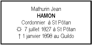 Zone de Texte: Mathurin JeanHAMONCordonnier   St Ptan☼  7 juillet 1827  St Ptan 1 janvier 1898 au Guildo