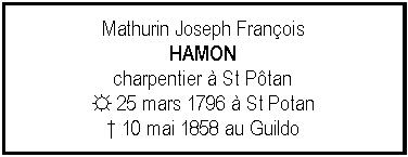 Zone de Texte: Mathurin Joseph FranoisHAMONcharpentier  St Ptan☼ 25 mars 1796  St Potan 10 mai 1858 au Guildo