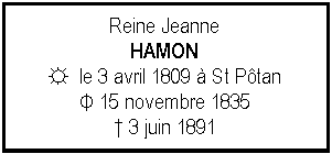 Zone de Texte: Reine JeanneHAMON☼  le 3 avril 1809  St PtanΦ 15 novembre 1835 3 juin 1891