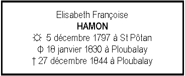 Zone de Texte: Elisabeth FranoiseHAMON☼  5 dcembre 1797  St PtanΦ 18 janvier 1830  Ploubalay 27 dcembre 1844  Ploubalay