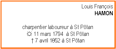 Zone de Texte: Louis FranoisHAMONcharpentier laboureur  St Ptan☼ 11 mars 1794   St Ptan 7 avril 1852  St Ptan