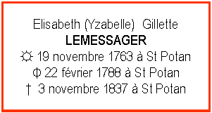 Zone de Texte: Elisabeth (Yzabelle)  GilletteLEMESSAGER☼ 19 novembre 1763  St PotanΦ 22 fvrier 1788  St Potan  3 novembre 1837  St Potan