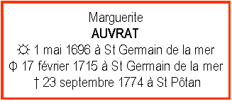 Zone de Texte: MargueriteAUVRAT ☼ 1 mai 1696  St Germain de la merΦ 17 fvrier 1715  St Germain de la mer  23 septembre 1774  St Ptan