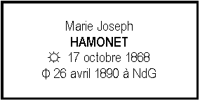 Zone de Texte: Marie JosephHAMONET☼  17 octobre 1868Φ 26 avril 1890  NdG