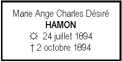 Zone de Texte: Marie Ange Charles DsirHAMON☼  24 juillet 1894 2 octobre 1894 