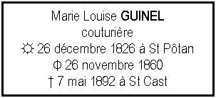 Zone de Texte: Marie Louise GUINEL couturire ☼ 26 dcembre 1826  St PtanΦ 26 novembre 1860 7 mai 1892  St Cast