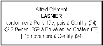Zone de Texte: Alfred Clment LASNIERcordonnier  Paris 19e, puis  Gentilly (94)☼ 2 fvrier 1859  Bruyres les Chtels (78) 18 novembre  Gentilly (94)