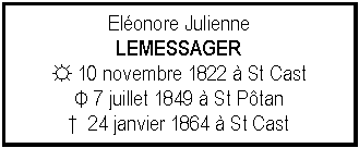 Zone de Texte: Elonore JulienneLEMESSAGER☼ 10 novembre 1822  St Cast Φ 7 juillet 1849  St Ptan  24 janvier 1864  St Cast 