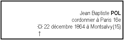 Zone de Texte: Jean Baptiste POLcordonnier  Paris 16e  ☼ 22 dcembre 1864  Montsalvy(15)      