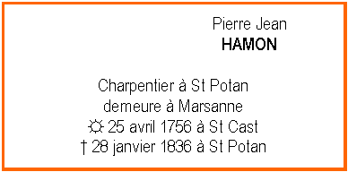 Zone de Texte: Pierre JeanHAMONCharpentier  St Potandemeure  Marsanne☼ 25 avril 1756  St Cast 28 janvier 1836  St Potan