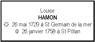Zone de Texte: LouiseHAMON☼  26 mai 1729  St Germain de la merΦ  26 janvier 1758  St Ptan