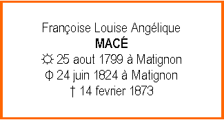 Zone de Texte: Franoise Louise AngliqueMAC☼ 25 aout 1799  MatignonΦ 24 juin 1824  Matignon 14 fevrier 1873