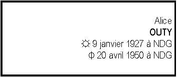 Zone de Texte: AliceOUTY☼ 9 janvier 1927  NDGΦ 20 avril 1950  NDG