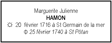 Zone de Texte: Marguerite JulienneHAMON☼  20  fvrier 1716  St Germain de la merΦ 25 fvrier 1740  St Ptan 